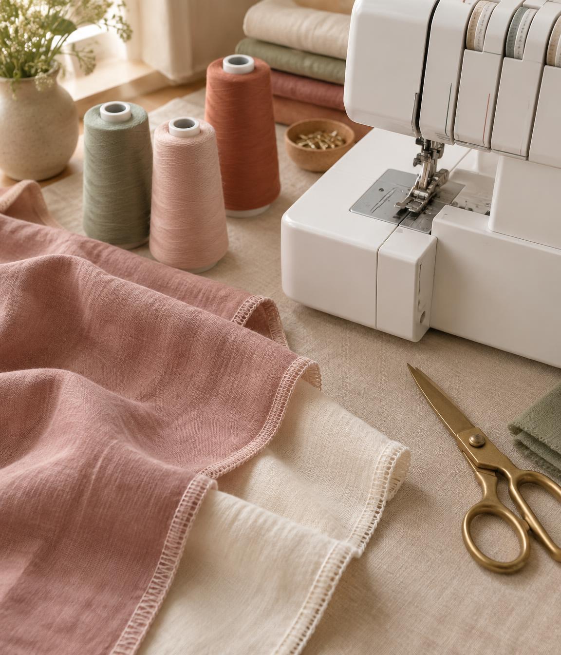 Dusty rose and ivory linen with neatly serged edges beside a serger, thread cones and brass scissors